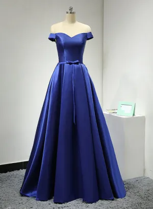 Blue Simple Sweetheart Floor Length Prom Dress, A-Line Off Shoulder Formal Dress