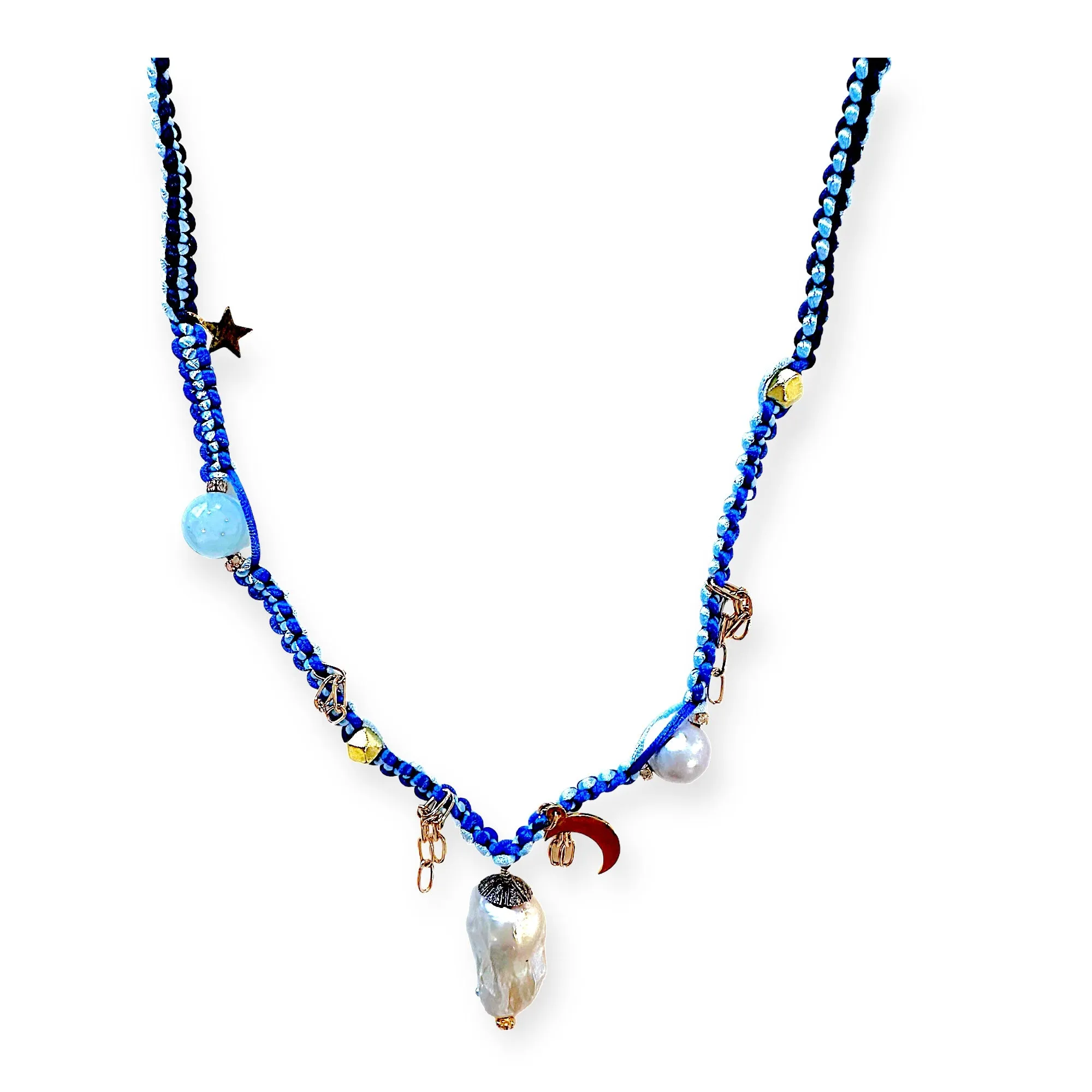 BLUE SKY DIAMOND DAGGER PEARL LUCKY CHARM GOLD SILK ROCKSTAR NECKLACE