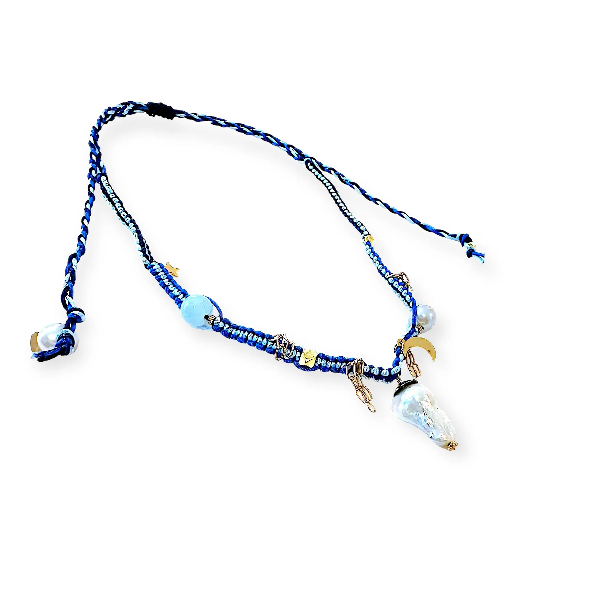 BLUE SKY DIAMOND DAGGER PEARL LUCKY CHARM GOLD SILK ROCKSTAR NECKLACE