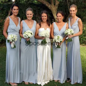 Blue V-neck Inexpensive Simple Beach Long Bridesmaid Dresses WG809