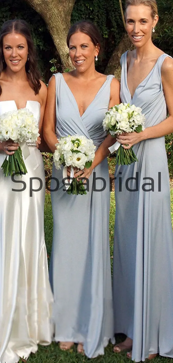Blue V-neck Inexpensive Simple Beach Long Bridesmaid Dresses WG809