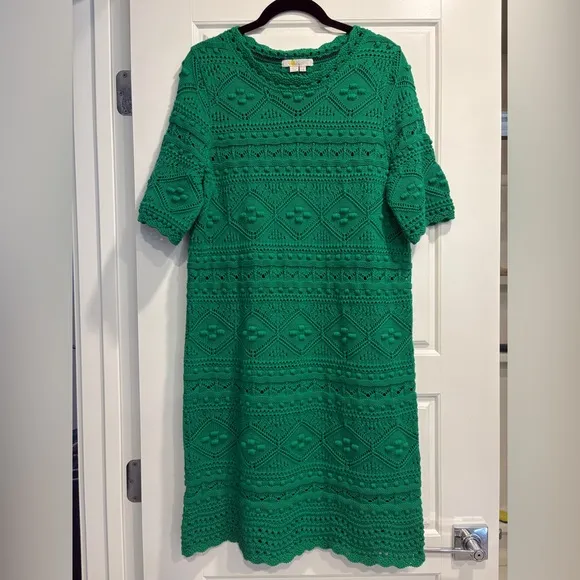 Boden Claudia Textured Knitted Dress Womens 8 100% Cotton Highland Green Boxy