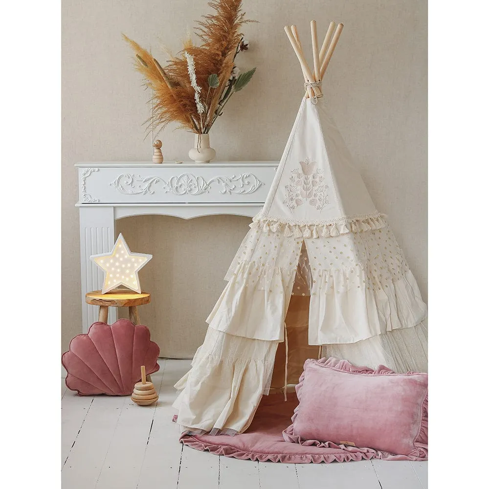 Boho Teepee With Frills And Round Mat With Glitter Frills Set - Caramel