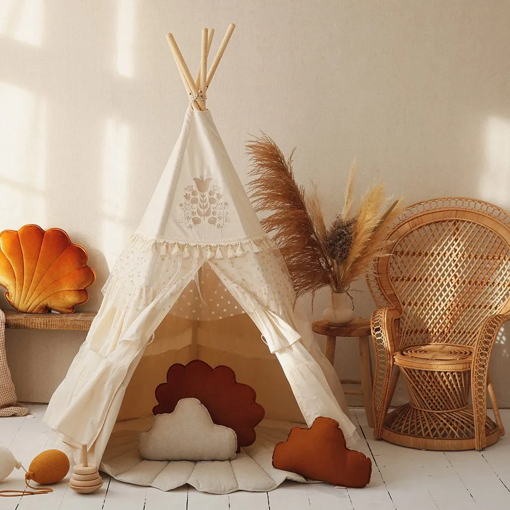 Boho Teepee With Frills And Round Mat With Glitter Frills Set - Caramel