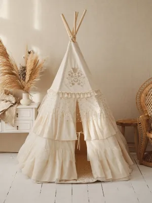 Boho Teepee With Frills And Round Mat With Glitter Frills Set - Caramel