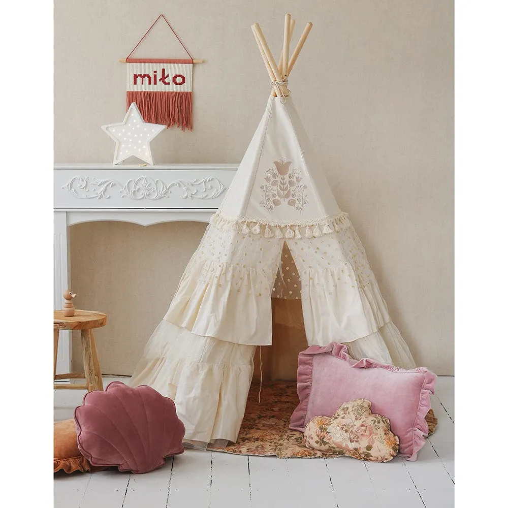 Boho Teepee With Frills And Round Mat With Glitter Frills Set - Caramel