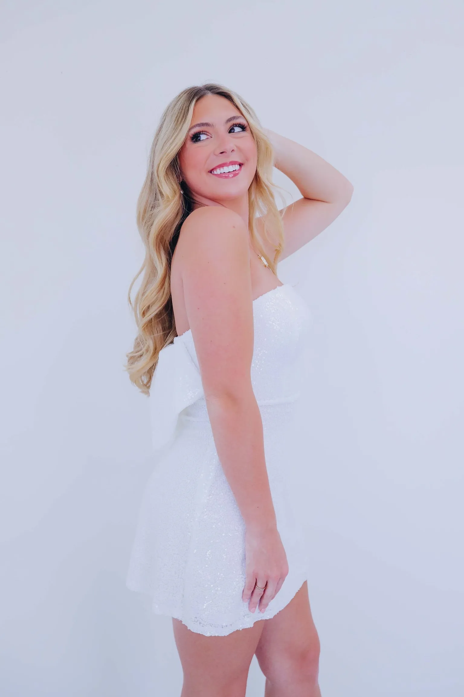 Bowtie Back Strapless Sequin Mini Dress