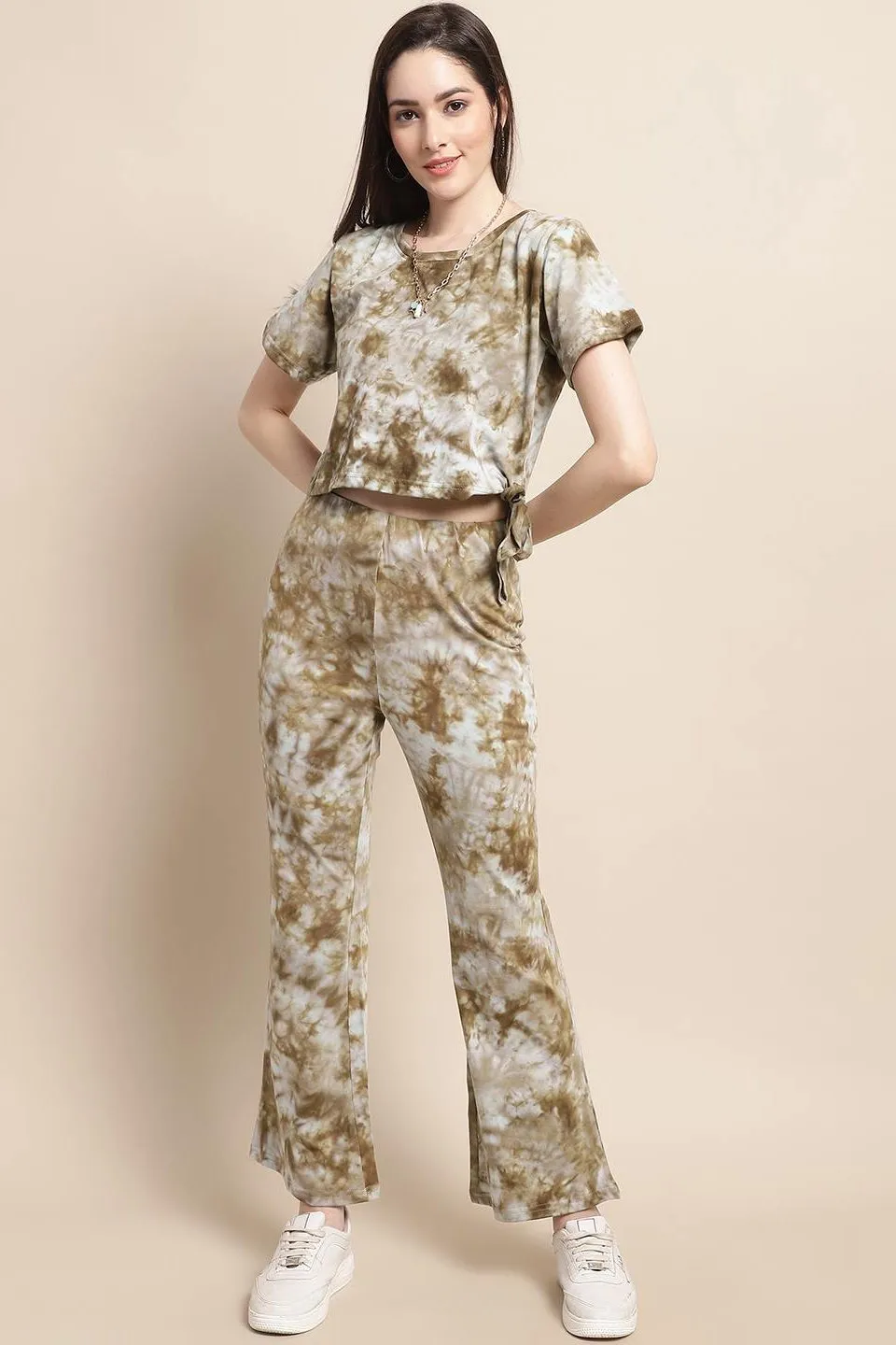Brown Tie-Dye Printed Cotton Co-Ord Set for Women | S-XL | Claura