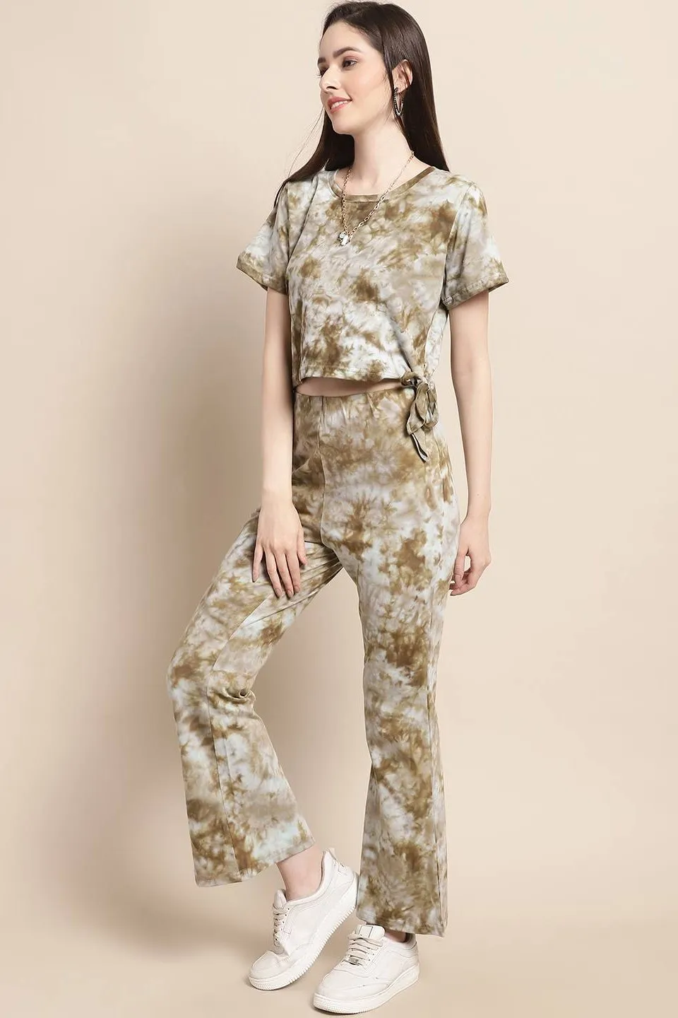 Brown Tie-Dye Printed Cotton Co-Ord Set for Women | S-XL | Claura