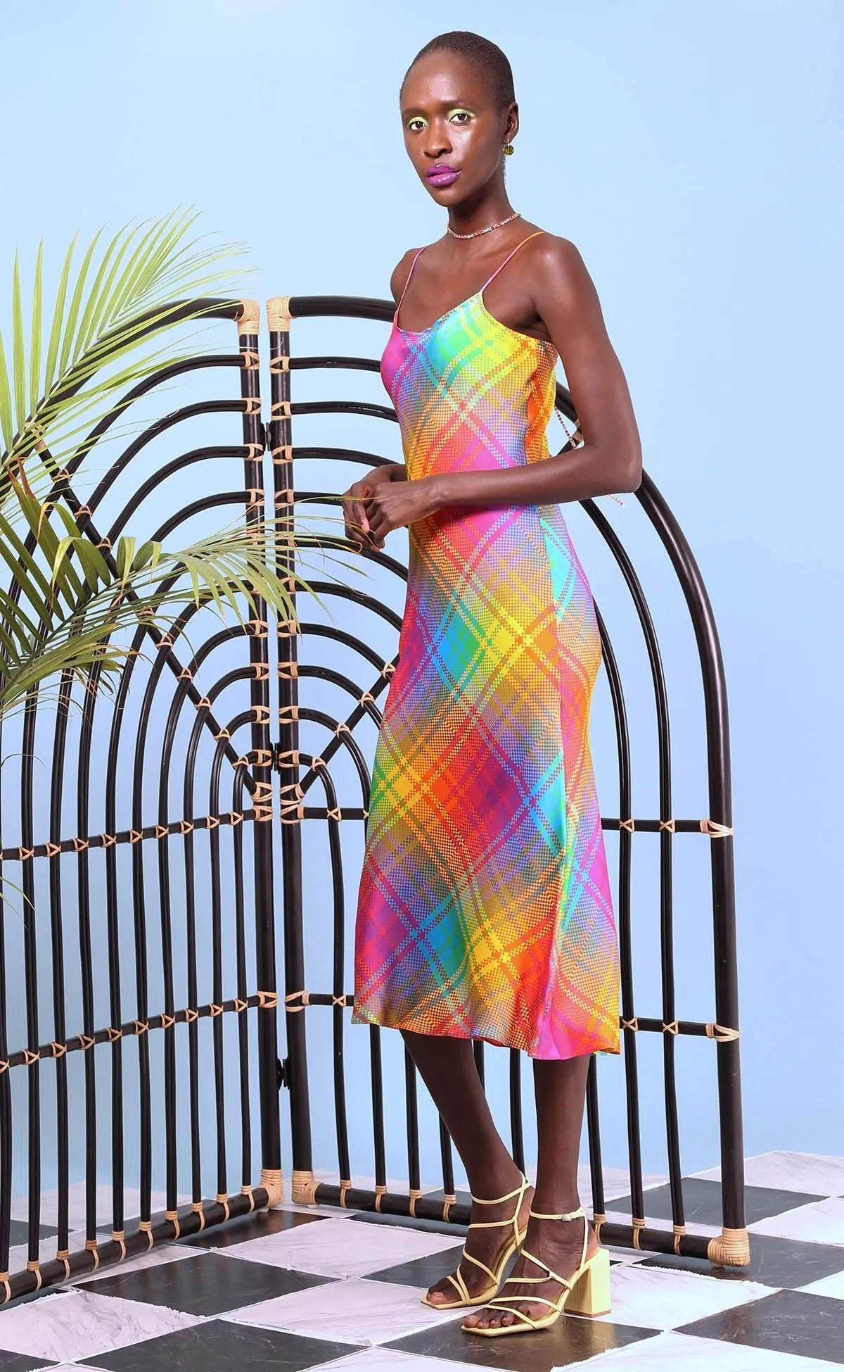 BruceGlen Rainbow Check Silk Slip Dress