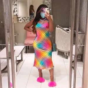 BruceGlen Rainbow Check Silk Slip Dress