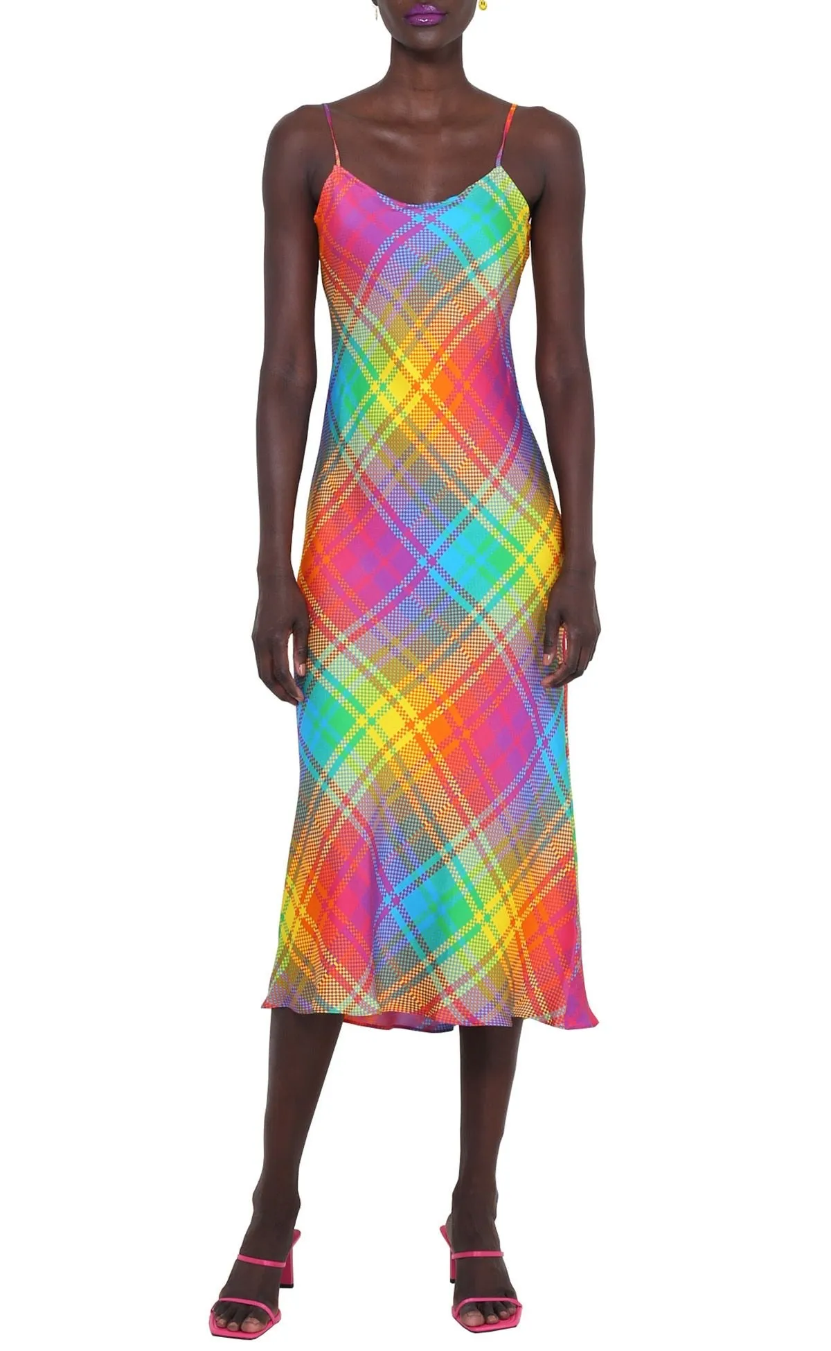 BruceGlen Rainbow Check Silk Slip Dress
