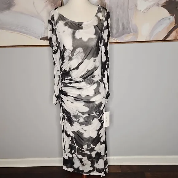 Calvin Klein Floral Print Mesh Ruched Midi Dress NWT