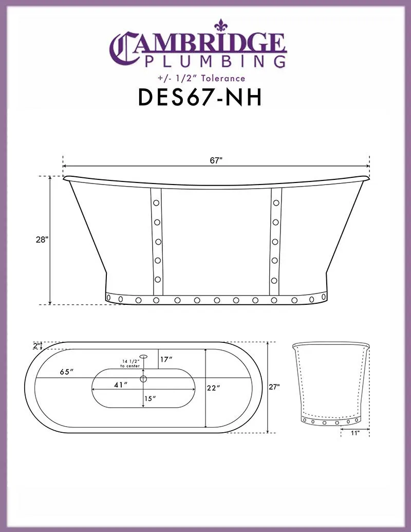 Cambridge Plumbing Cast Iron Double Slipper Skirted Pedestal Bathtub 27"D x 67"L x 28"H