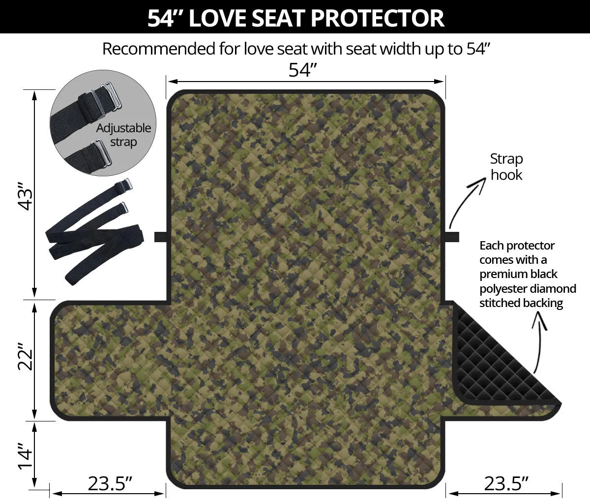 Camo Love Seat Protector Slip Cover Green, Brown and Gray Camouflage 54" Seat Width