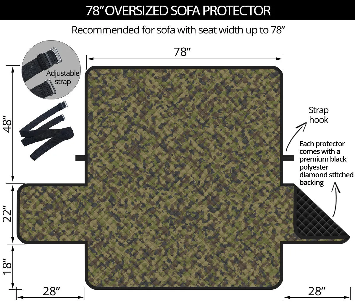 Camo Oversized Couch Cover Sofa Protector in Green, Brown and Gray Camouflage 78" Seat Width