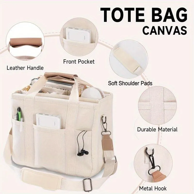 Canvas Tote Bag with Multi Pockets Large Tote Bags for Women, Everything Tote Bag Large Capacity Bag Canvas Crossbody Handbag Shoulder Bag