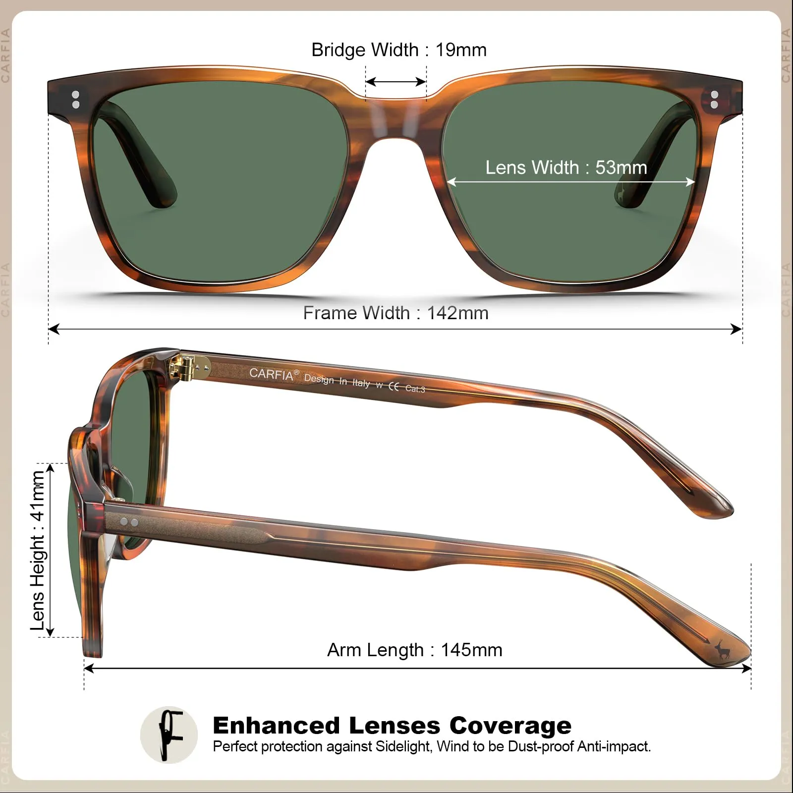 CARFIA Retro Acetate Polarized Sunglasses for Men UV400 Protection Driving Outdoor Anti-Glare Sun Glasses CA5354WS