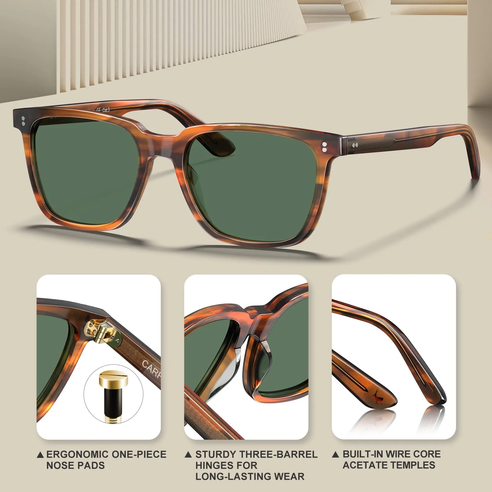 CARFIA Retro Acetate Polarized Sunglasses for Men UV400 Protection Driving Outdoor Anti-Glare Sun Glasses CA5354WS