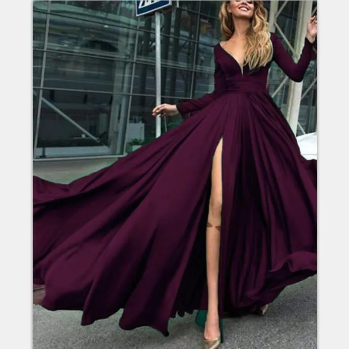 Charming Cheap Burgundy Long-sleeve Simple Long Prom Dresses, PD0948