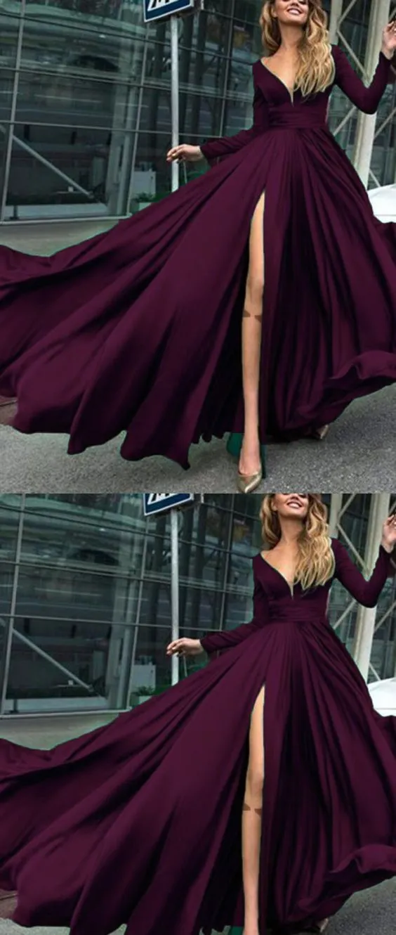 Charming Cheap Burgundy Long-sleeve Simple Long Prom Dresses, PD0948