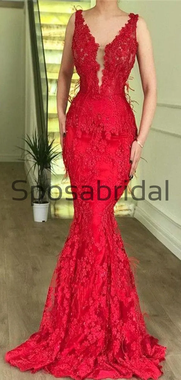 Charming Red Lace V-Neck Mermaid Modest Formal Prom Dresses PD2177