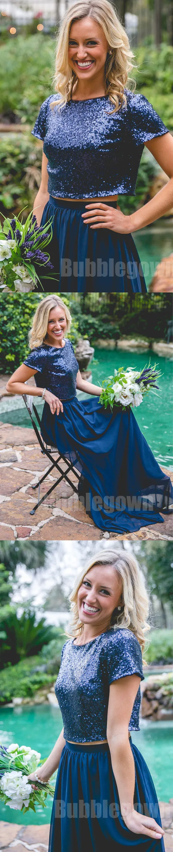 Charming Short Sleeves Two Pieces Sequin Top Long Wedding Bridesmaid Dresses, BD001