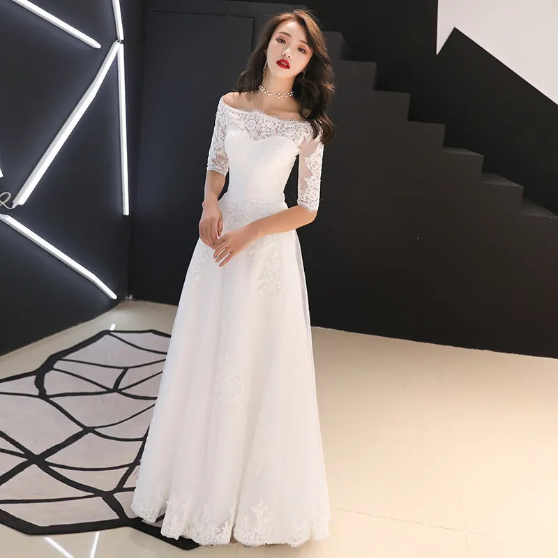 Charming Simple Tulle White Short Sleeves Wedding Dress with Lace, A-line Party Dress