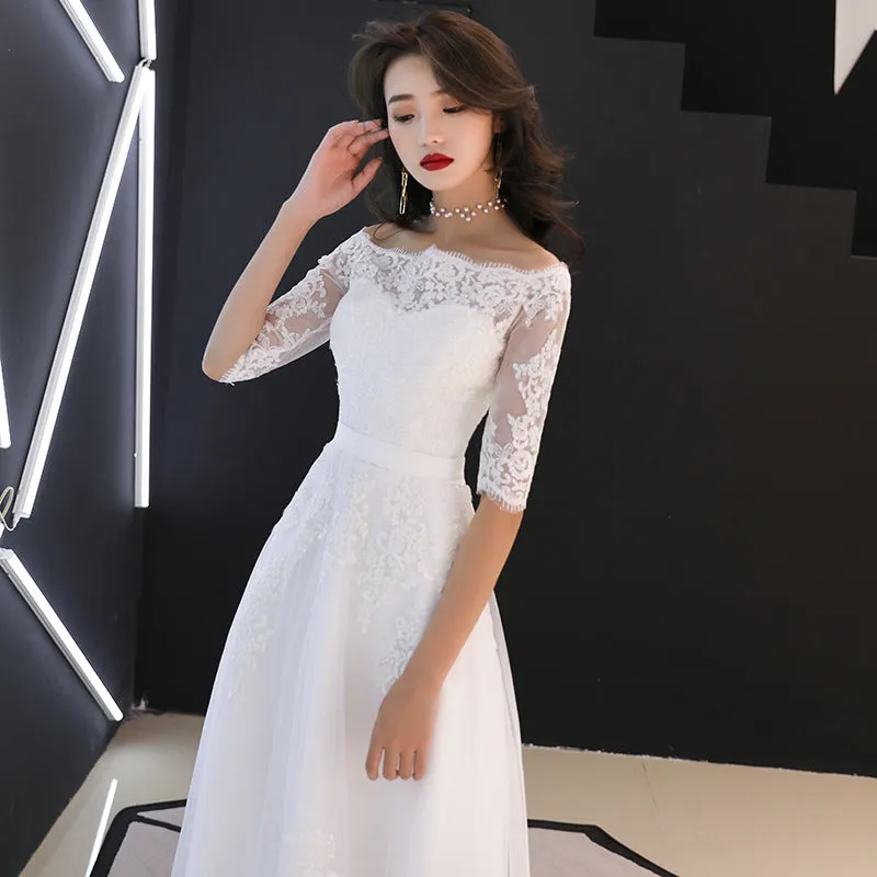 Charming Simple Tulle White Short Sleeves Wedding Dress with Lace, A-line Party Dress