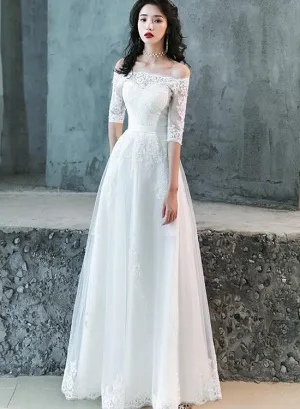Charming Simple Tulle White Short Sleeves Wedding Dress with Lace, A-line Party Dress