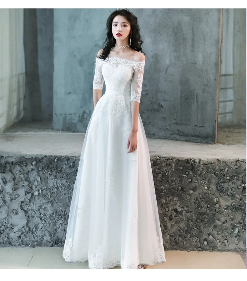 Charming Simple Tulle White Short Sleeves Wedding Dress with Lace, A-line Party Dress