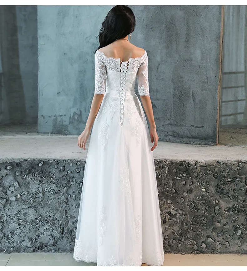 Charming Simple Tulle White Short Sleeves Wedding Dress with Lace, A-line Party Dress