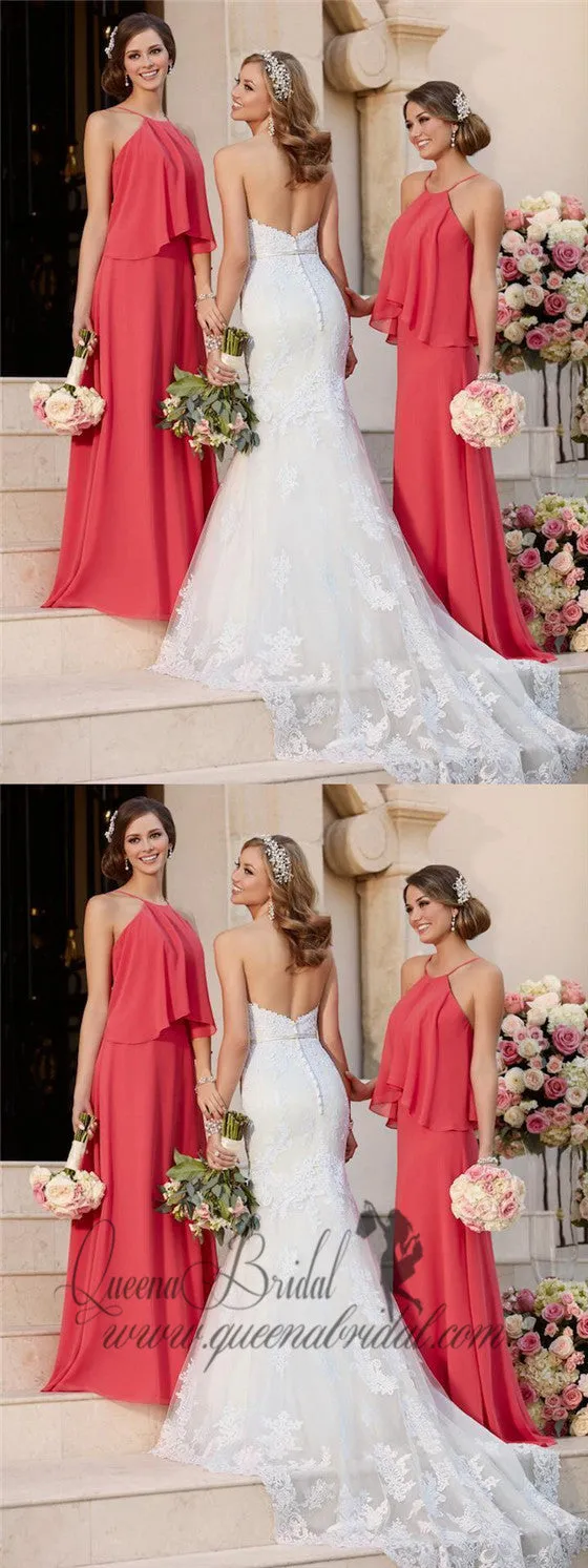 Cheap Coral Pregnant Chiffon Custom Long Bridesmaid Dresses, WG238