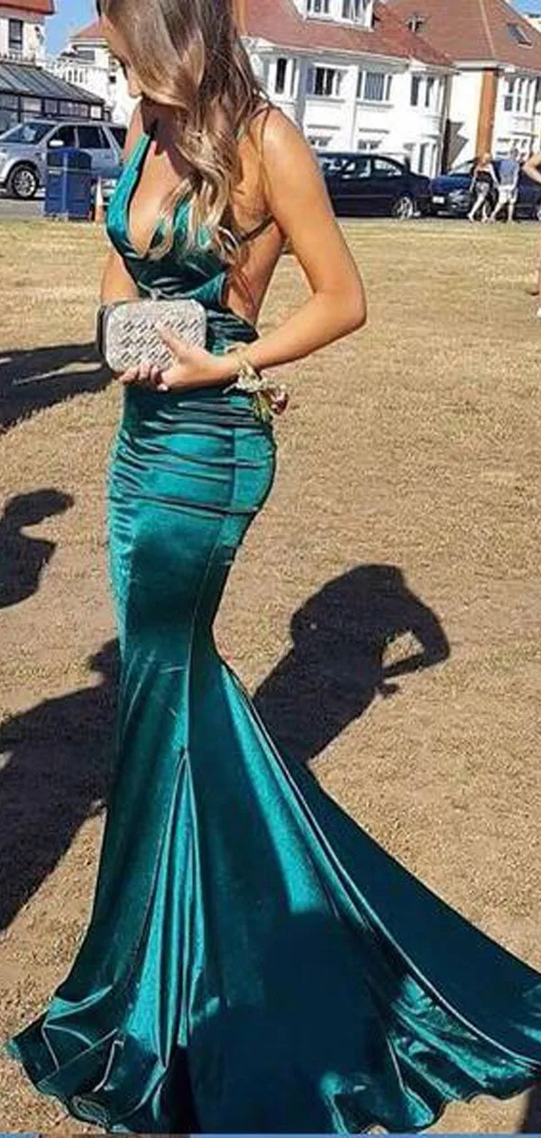 Cheap Mermaid Deep-Neck Spagheeti Straps Backless Turquoise Simple  Prom Dressse, PD0960