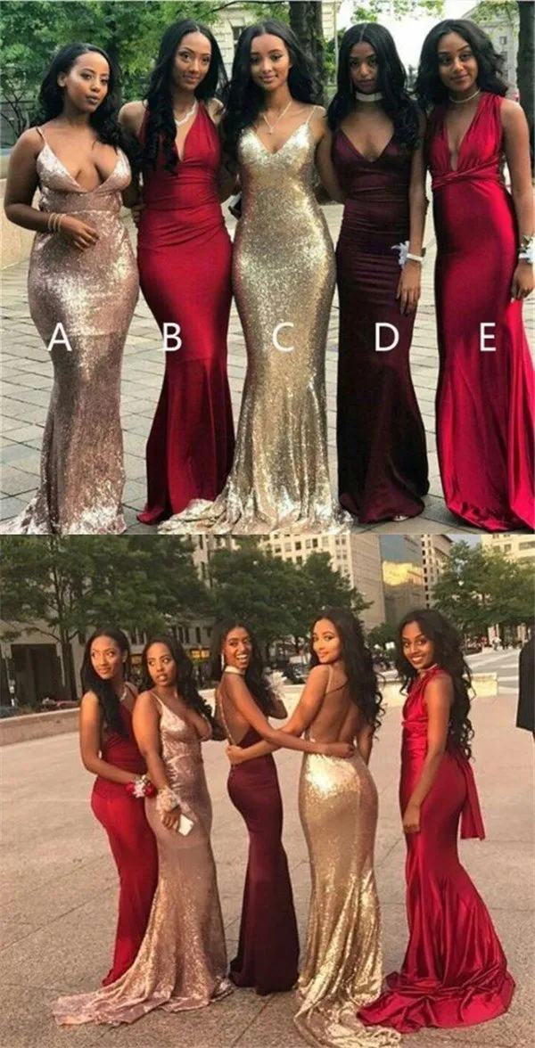 Cheap Mismatched V Neck Sexy Mermaid Bridesmaid Dresses, PD0369