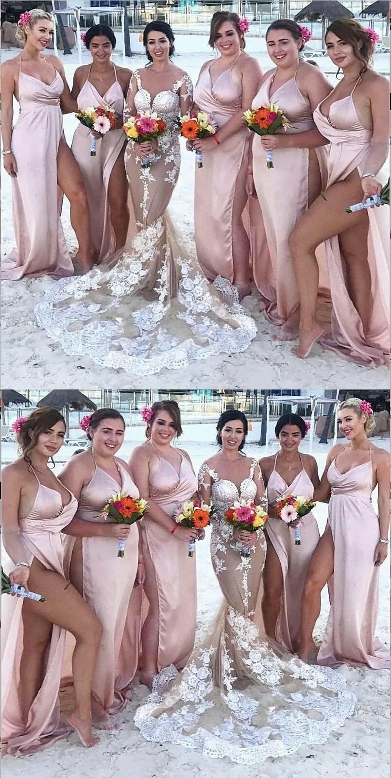 Cheap Modest Sexy Blush Side Split Spaghetti Straps Simple Bridesmaid Dresses, WG271