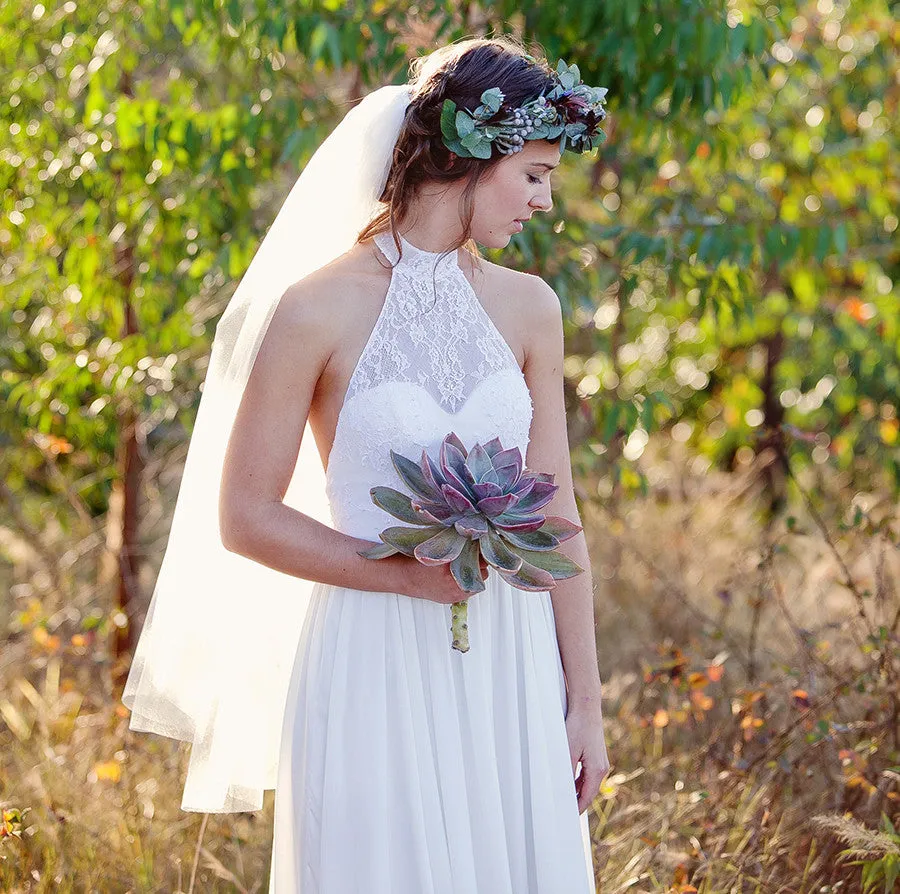 Cheap Open Back Halter Chiffon Lace Beach Simple Long Wedding Dresses, BG51599
