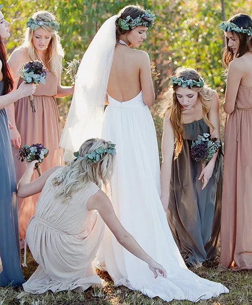 Cheap Open Back Halter Chiffon Lace Beach Simple Long Wedding Dresses, BG51599