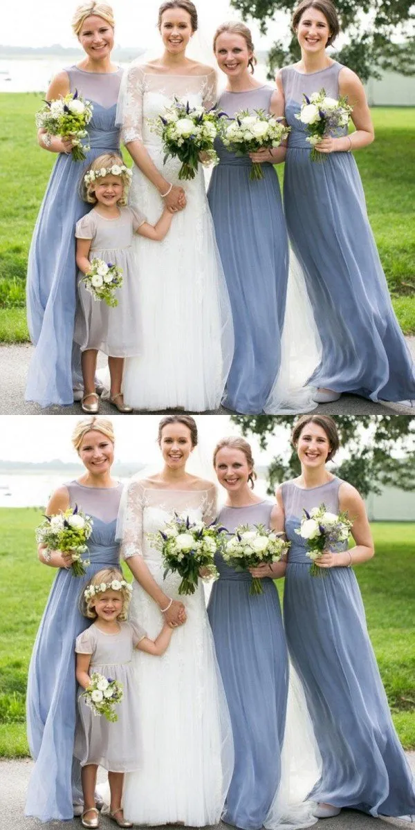 Cheap Simple A-Line Round Neck Floor-Length Grey Blue Chiffon Bridesmaid Dresses, WG241
