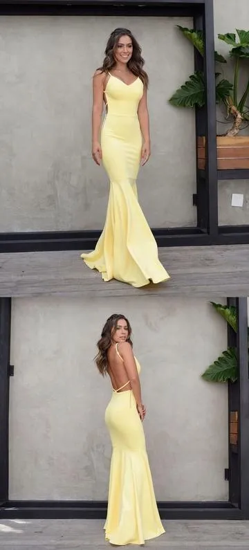 Cheap Yellow Spaghetti Straps Simple Open Back Mermaid Long Prom Dresses PD1427