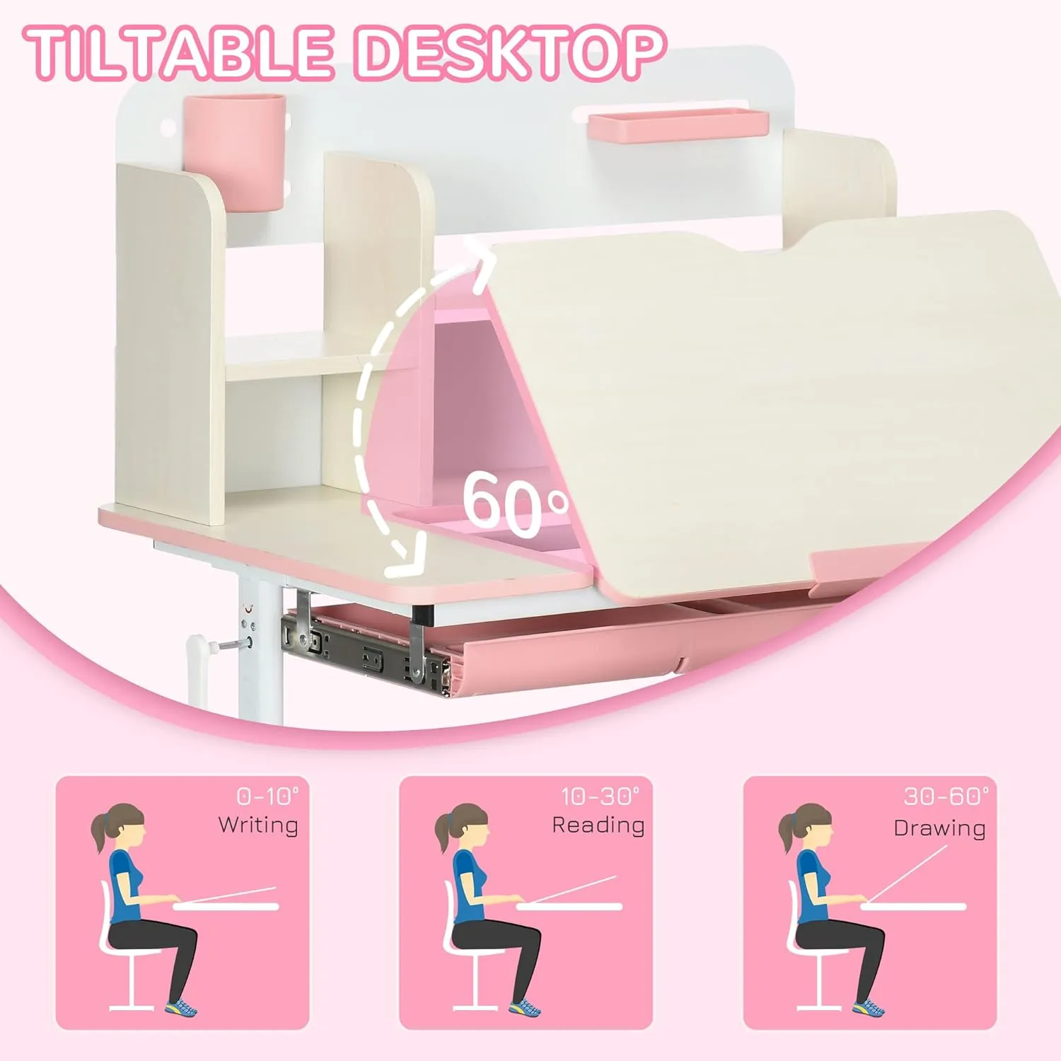Children's Montessori Ergonomic Height Adjustable Tilting Desk & Chair | Pink | 3-12 Years