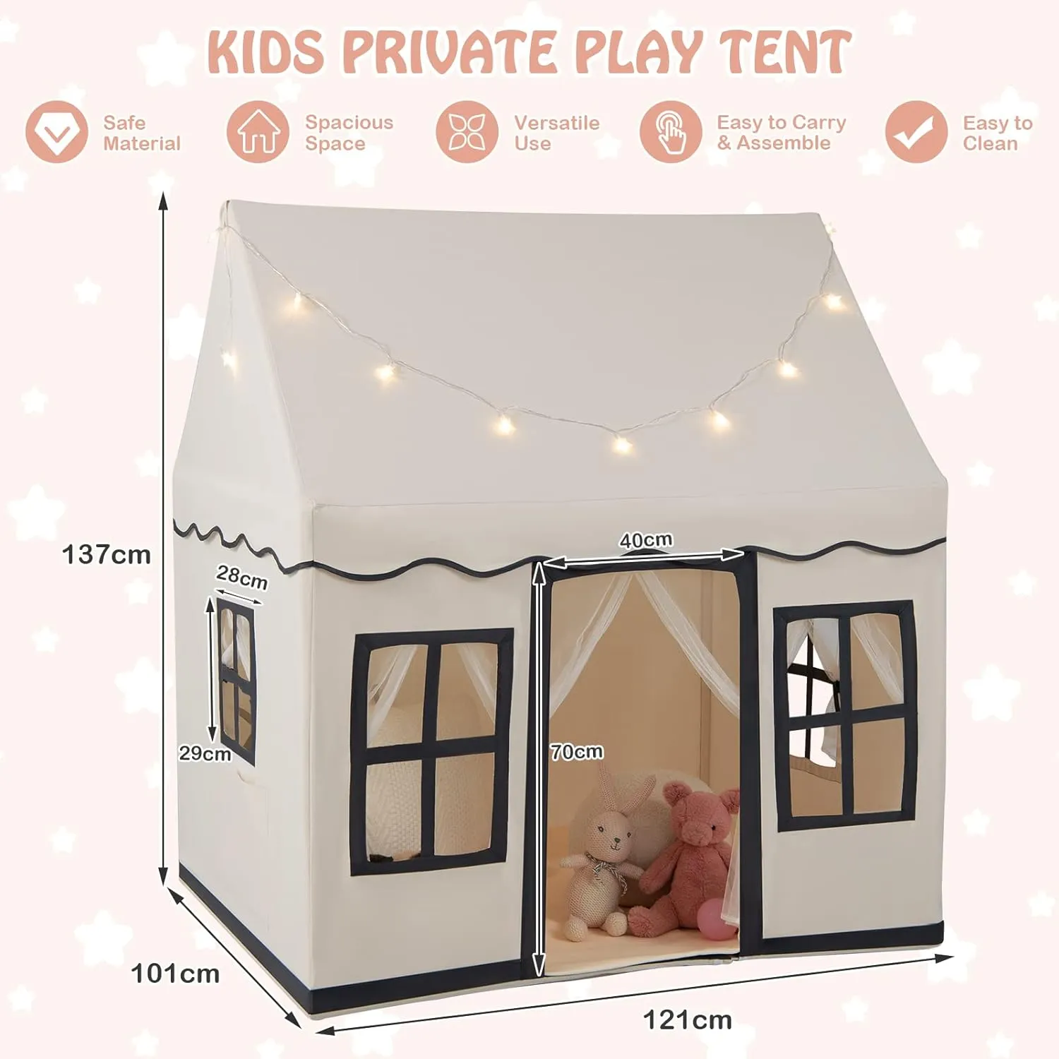 Children’s Play House | Wendy House | Windows and Fairy Lights | Cream