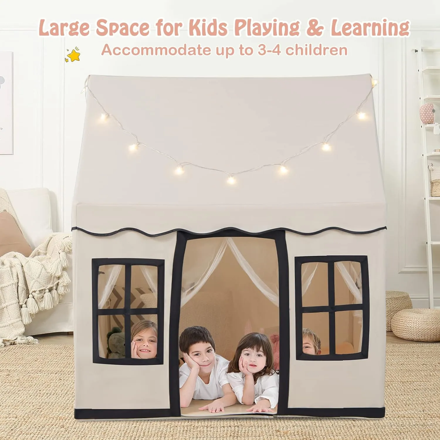 Children’s Play House | Wendy House | Windows and Fairy Lights | Cream