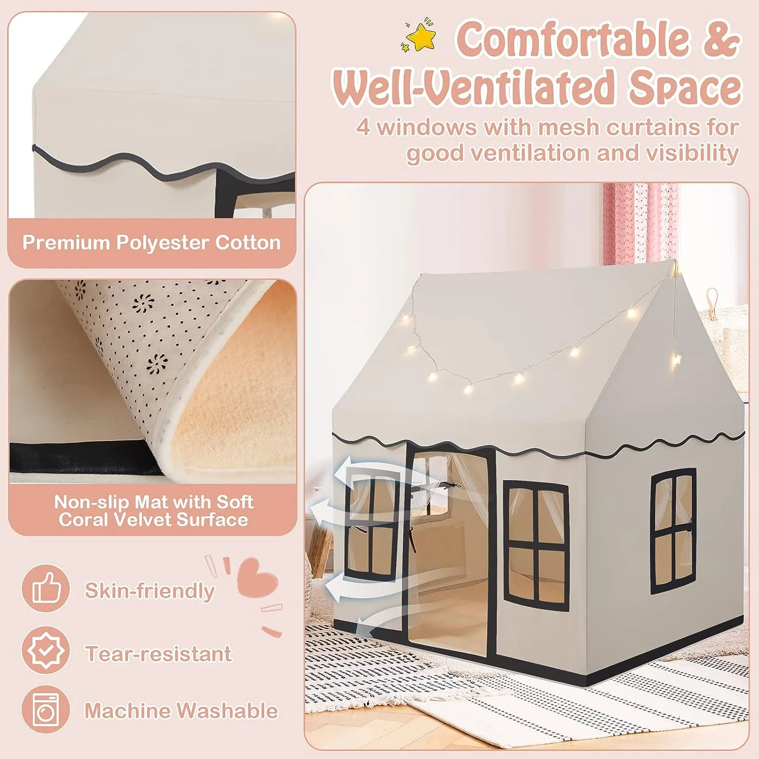 Children’s Play House | Wendy House | Windows and Fairy Lights | Cream