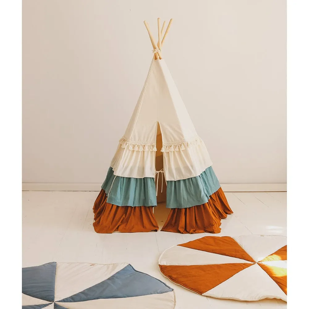 Circus Teepee With Frills And Mat Set - Beige, Blue & Brown
