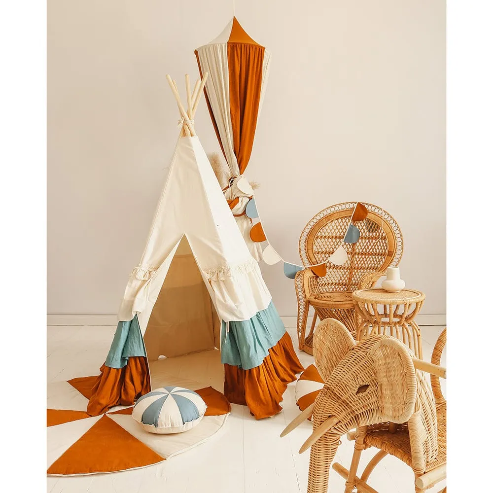 Circus Teepee With Frills And Mat Set - Beige, Blue & Brown