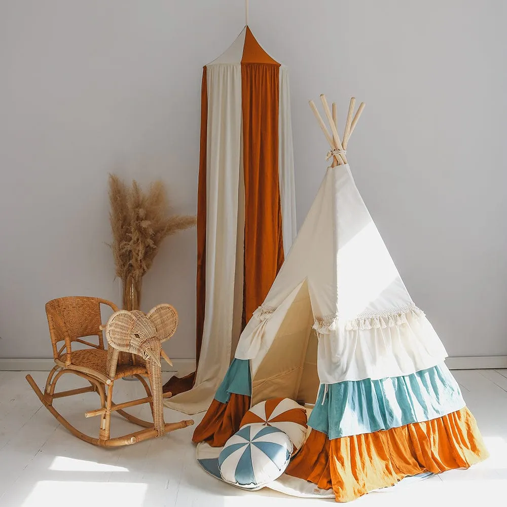 Circus Teepee With Frills And Mat Set - Beige, Blue & Brown