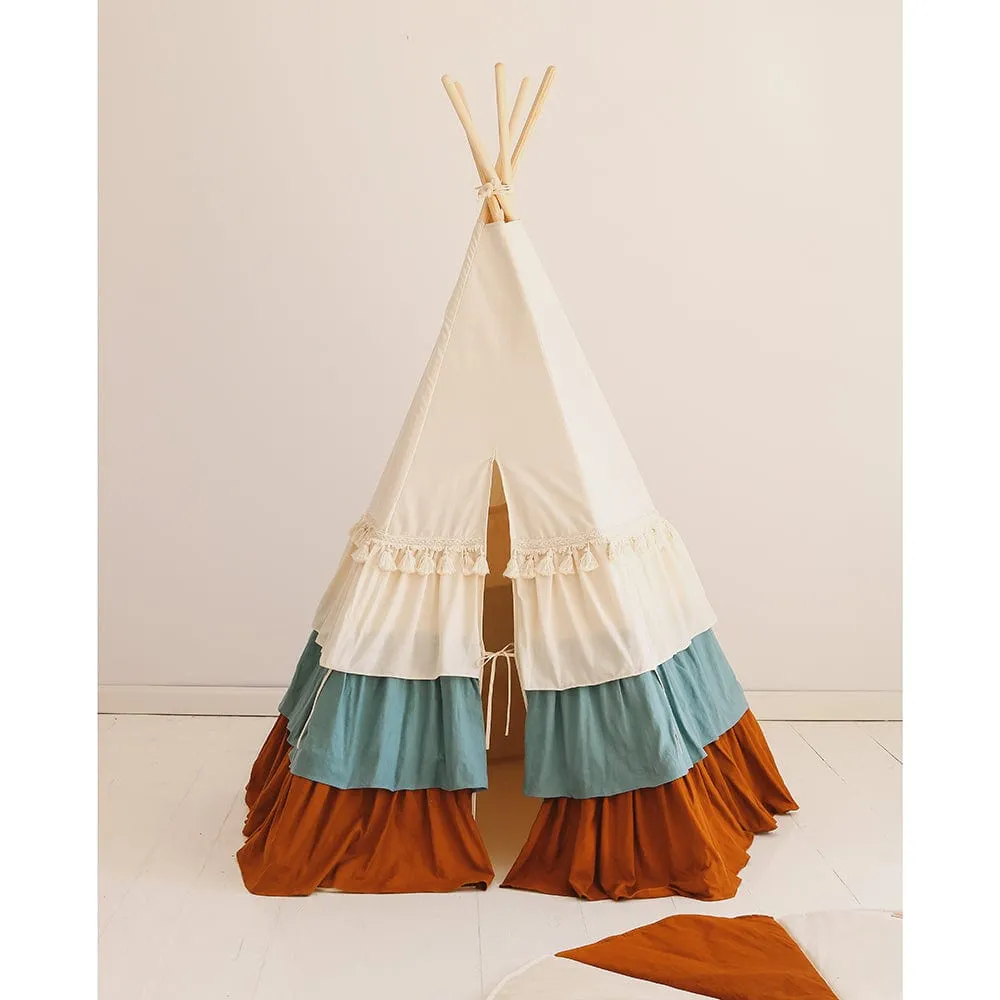 Circus Teepee With Frills And Mat Set - Beige, Blue & Brown