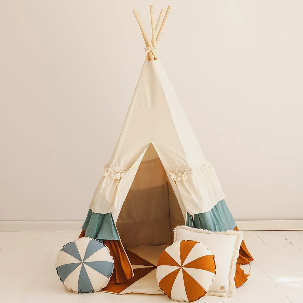 Circus Teepee With Frills And Mat Set - Beige, Blue & Brown