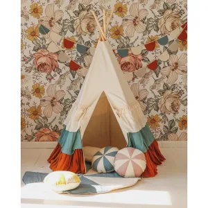 Circus Teepee With Frills And Mat Set - Beige, Blue & Brown